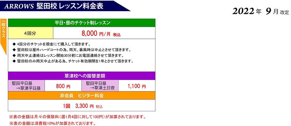 堅田校 レッスン料金表