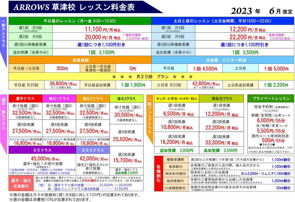 草津校 レッスン料金表