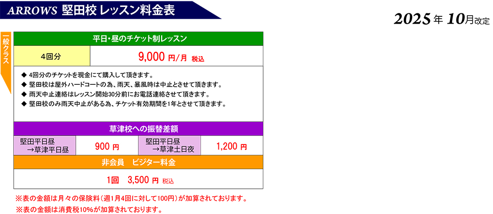 堅田校 レッスン料金表